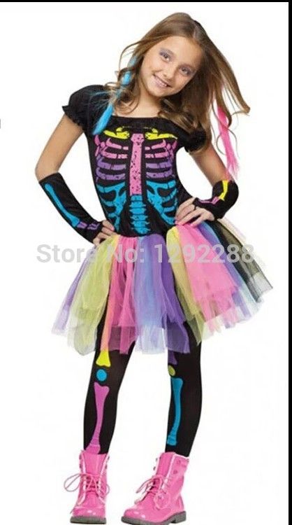 wholesale children colorful rainbow pink skeleton dress halloween