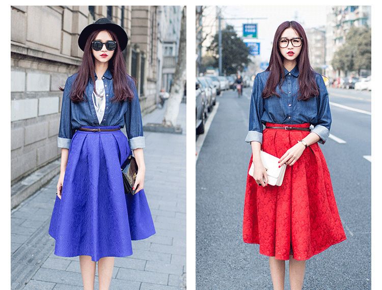 

Wholesale-Plus Size Vintage Skirt New Fashion 2015 Spring Casual Pleated Knee-length Midi Skirt Ball Gown Skater Women's Skirt, Blue
