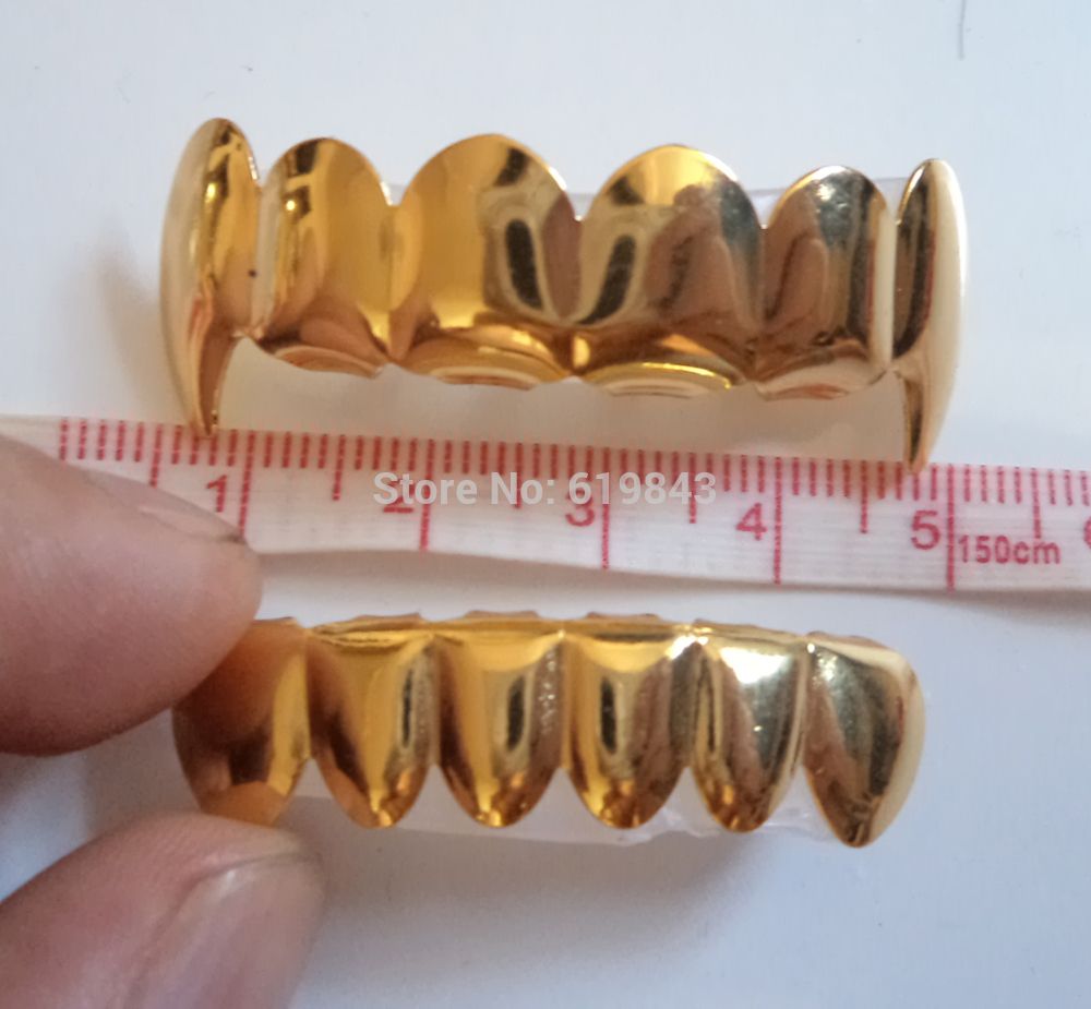 All'ingrosso-VERO LUCIDO!! SET DI GRILLZ SUPERIORE E INFERIORE PLACCATO ORO REALE HIPHOP TUSH DENTI GRILLZ