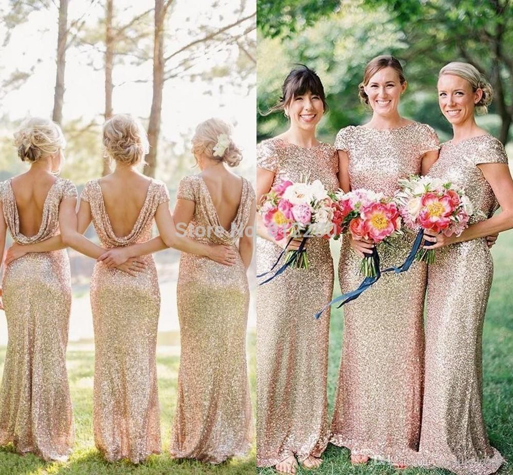 Wholesale-Champagne/Gold Long Bridesmaid Dresses Sequined Short Sleeve ...