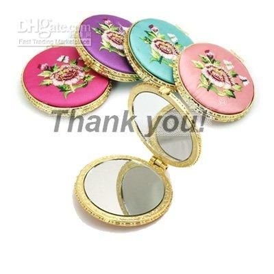  Pretty Round Portable Compact Mirrors Wedding Favor Silk Embroidered double-sided mix color 