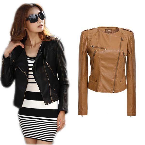 Wholesale New Women'S Zipper PU Leather Jacket Black Camel Fashion Slim