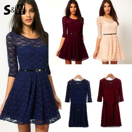 Wholesale-Hot Sale New Women Summer Casual Dresses Sexy Spoon Neck 3 Colors 5 Sizes Three Quarter Sleeve Skater Lace Dress With Belt