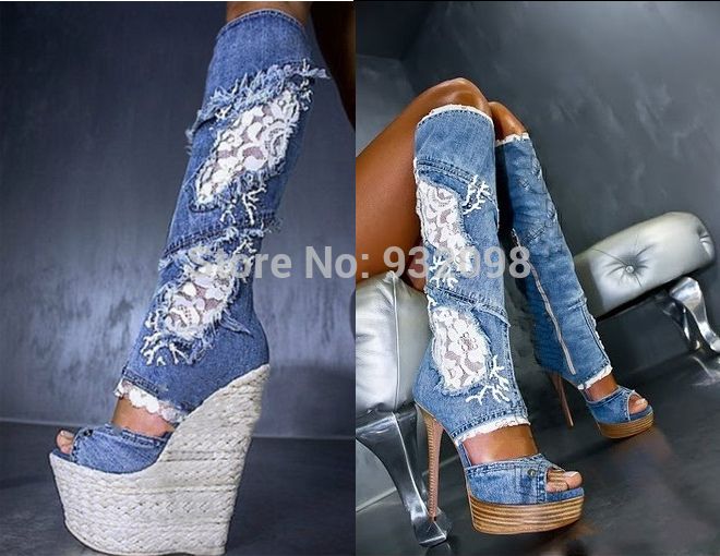 Wholesale And Hot Selling Sexy Denim Blue Lace Flower Wedge Knee High ...