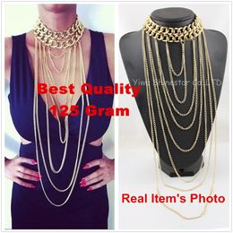 Wholesale-No Fade!Heavy Chunky Gold Chain Collar Multilayer Long Tassel Body Chain Statement Necklace For Women Dress Jewellery Item,B89
