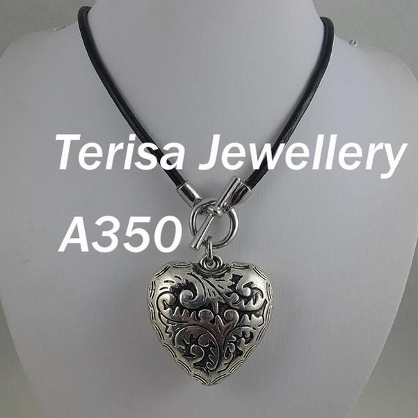 Ny kvinna halsband A350 # Trevligt silver hänge hjärta Shaper 5x5cm svart lädersträng samlokalisering.