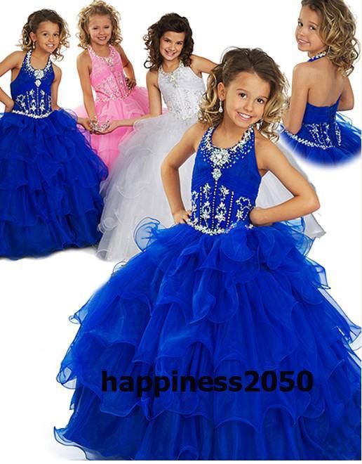 Lovely Blue Pink White Organza Halter Perle Flower Girl Dress Vacanze gonna abiti da compleanno Abiti Pageant Custom Size 2 4 6 8 10 F1218122