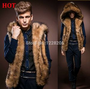 Partihandel-Fashion Men Faux Fox Fur Vest med Hoodie Tjock Fur Hooded Mens Waistcoats Ärmlös Jacka Coat Ytterkläder Man Klädsel