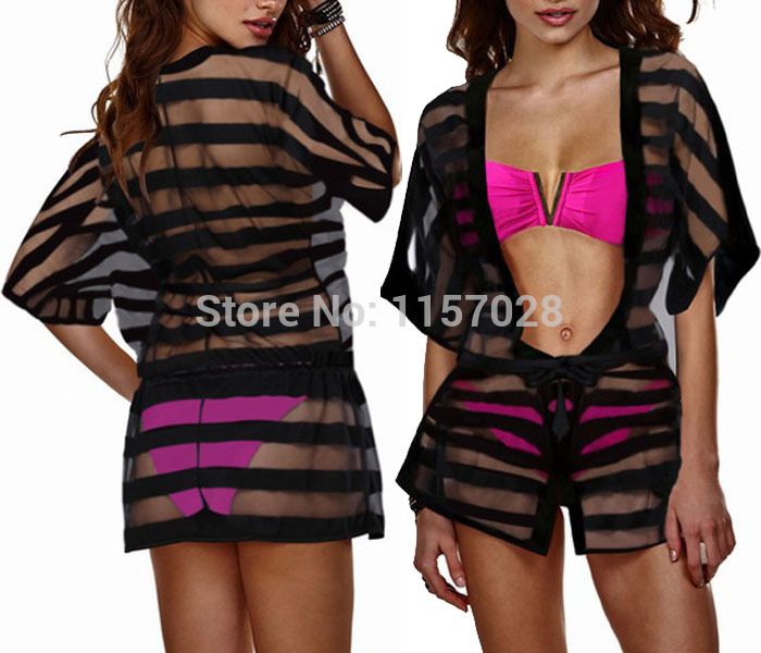 

Striped See Through Lace Beach Swimsuit Cover Ups Of Bathing Suits Womens Swimwear Sun Dress Black Summer Swim Dress No Bikinis, Black cover up