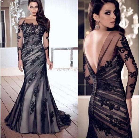 

Wholesale-Long Black women ladies Applique Gown Evening/Formal/Party/Prom Lance Dress