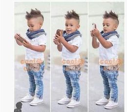 Wholesale-2015 European pop Children boys summer set denim jeans +shirt +scarf 3 pcs set children Cloth Kids Clothing children cloth set