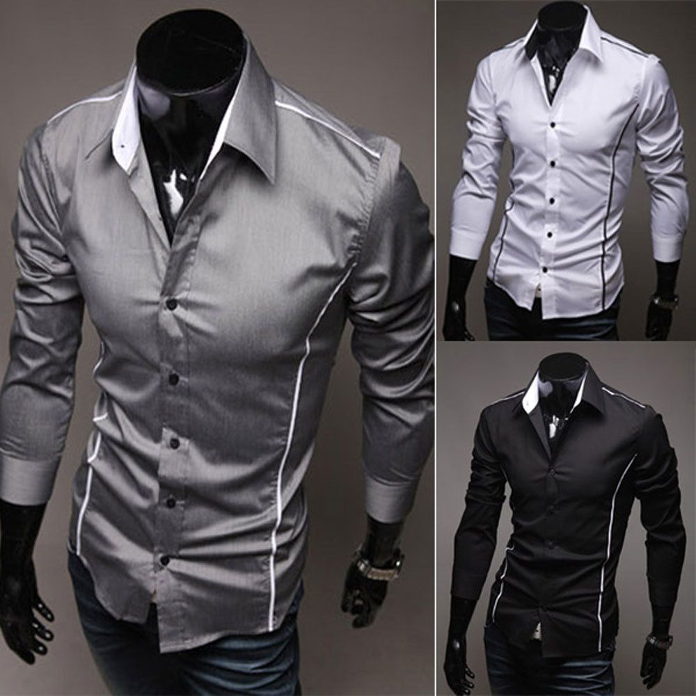 

Mens Casual Slim Fit Dress Formal Shirts Unique Neckline Long sleeve Shirt 2015 clothing fashion 3 Colors Size  XS S M L, Black