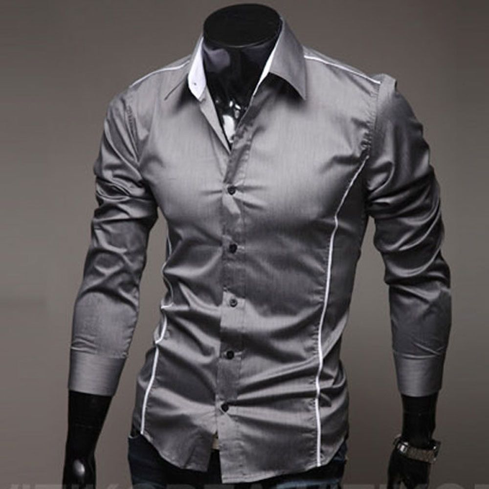 Mens Casual Slim Fit Dress Formal Shirts Unik halsringning Långärmad skjorta 2015 Kläder Fashion 3 Färger Storlek XXS XS S M L287Z