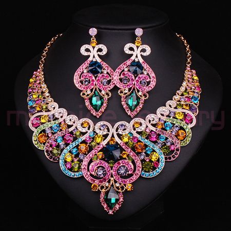

Wholesale-Fashion Bridal Jewelry Sets Wedding Necklace Earring For Brides Party Accessories Gold Plated Crystal Sapphire Decoration Women, Multicolour