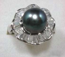 wholesale Real Black Pearl Silver Crystal Ring Size: 6. 7. 8. 9