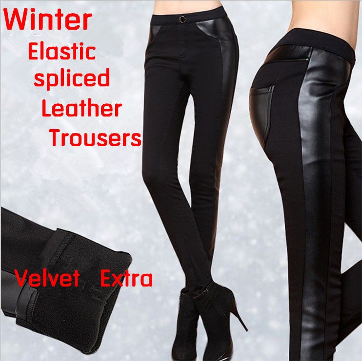 

HOT! Winter thickening velvet warm pants length trousers faux PU legging women plus size have pocket cotton leggings for women, Black