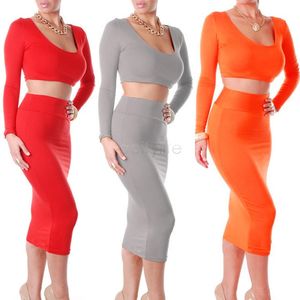 Hot !!! 2pcs sexiga damer exklusiv godis färg hög midja långärmad cropped outfit två stycken bodycon klänning för kvinnor 51
