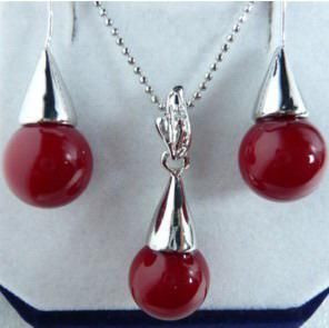 Red Jade Beads silver Pendant Necklace Earrings & Gift/ Gemstone Jewelry Sets