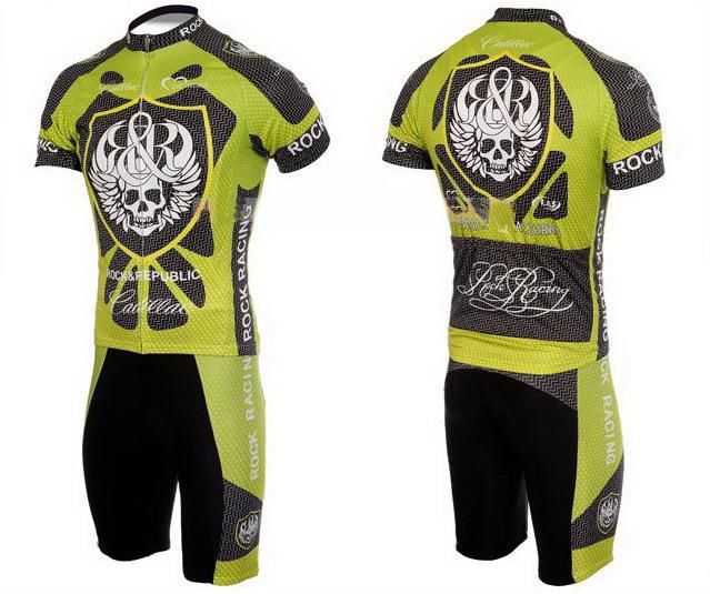 Cool Skeleton Skull Rock Racing TEAM Manica corta Green Cycling Jersey + Bib Taglia: S-XXXL