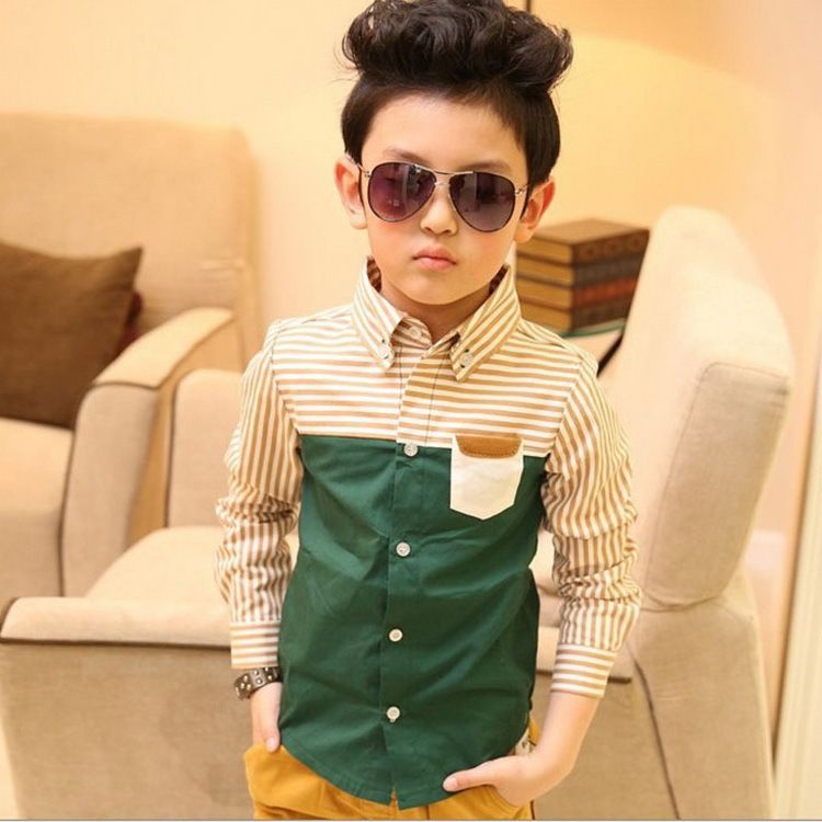 

Wholesale-2015 NEW kids spring striped shirt, Children patckwork long sleeve green shirts, Fashion boy tops kids clothes, HC176