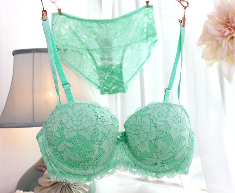 Sexy Victoria Underwear Mint Green Bra Set Lace Adjustable VS Push Up