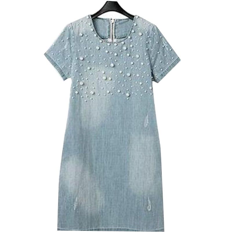 

Yearhappy 2015 Women Casual Denim Dresses Plus Size O-neck Short Sleeve Summer Dress O Neck Washed Beaded Elegant Vestidos