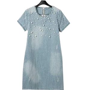 YeShappy 2015 Women Casual Denim Dresses Plus Storlek O-Neck Kortärmad Sommarklänning O Neck Tvättad Beaded Elegant Vestidos