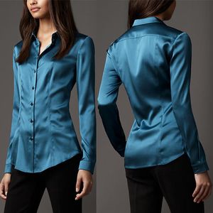 S-XXXL women Fashion silk satin blouse button ladies silk blouses shirt casual office White Black Blue long sleeve satin top