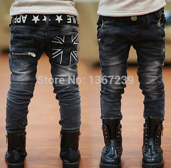 

wholesale- boys jeans spring winter children casual letters belt zipper pocket with fleece thick jeans pants trousers 4-14 years old, Blue