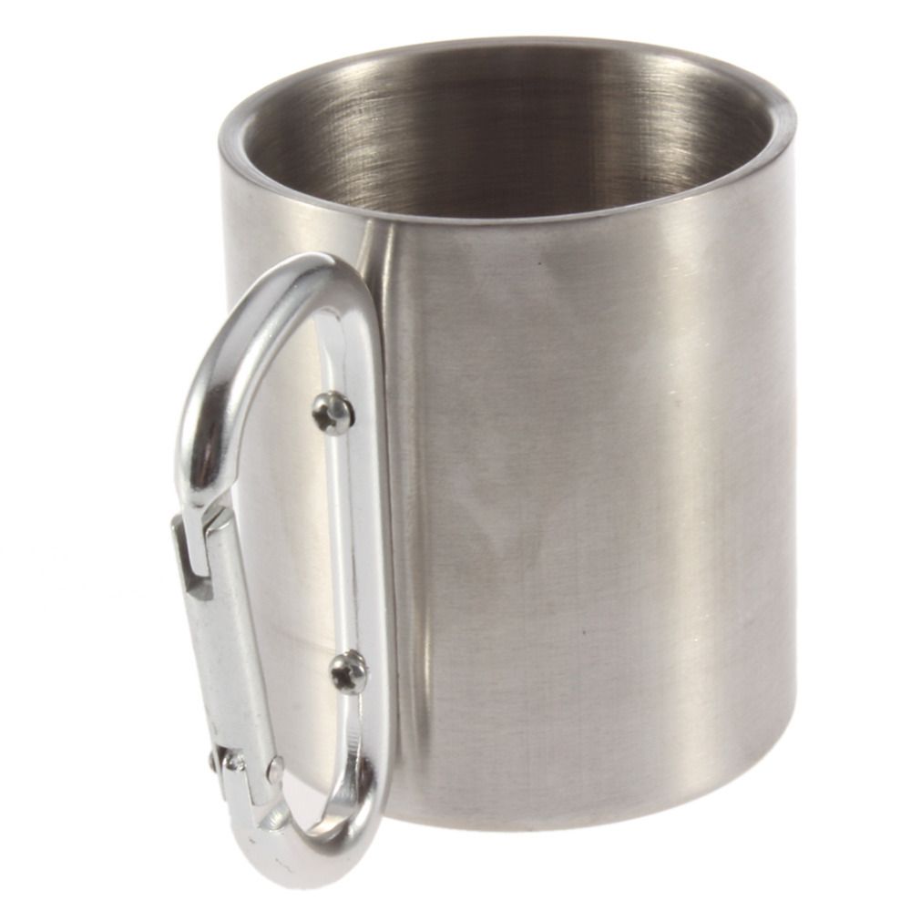 Wholesale-1pc 220ml Outdoor Stainless Steel Coffee Mug Travel Camping Cup Carabiner Aluminium Hook Double Wall Camp Equipment