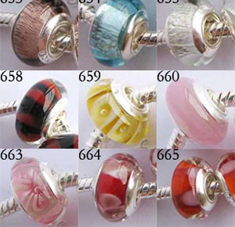 550pcs Murano Glass Pärlor Charms Silver Plated Single Core Bead Charm Mix 20 stilar passar armband