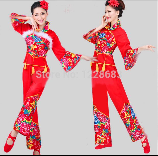 Venda por atacado, frete grátis Ano Novo Vermelho Disconto Cheater Mulheres Senhoras Chinês Nacional Chinês Tradicional Trajes de Dança Chinesa Tradicional