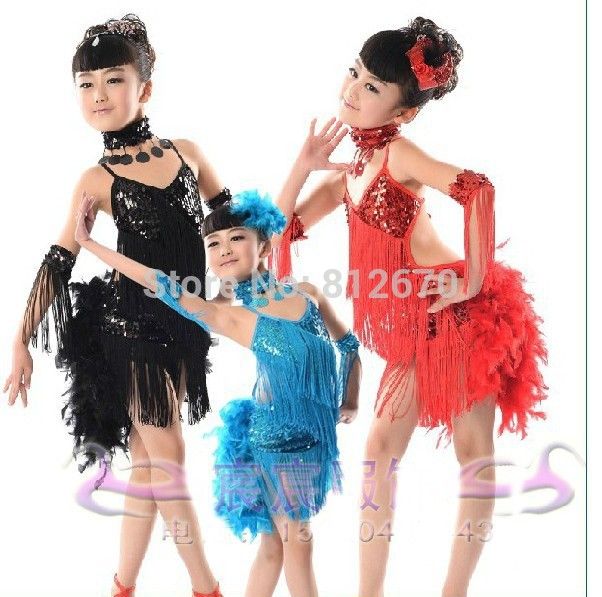 

Wholesale-New Children Kids Sequin Feather Fringe Stage Performance Competition Ballroom Dance Costume Latin Dance Dress For Girls XC-4814, Red