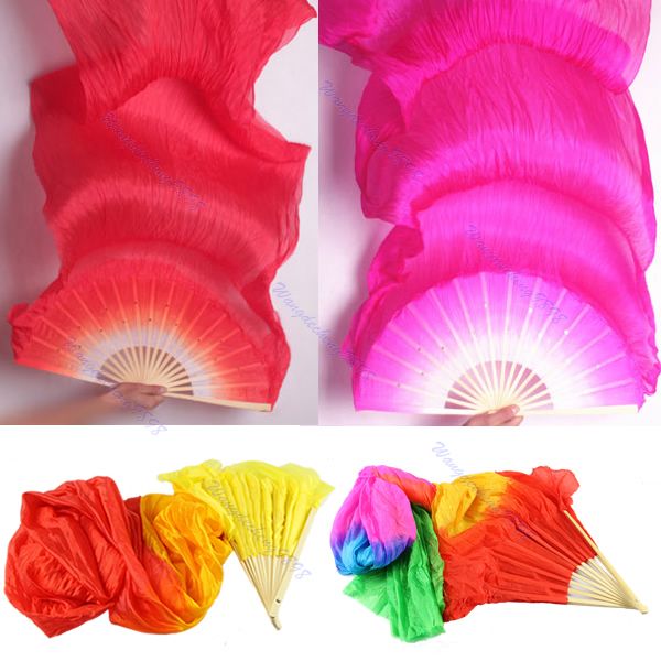 Partihandel-1pc Handgjorda Färgrik Belly Dance Dancing Silk Bamboo Lång fans Slät 4 Färger Gratis frakt