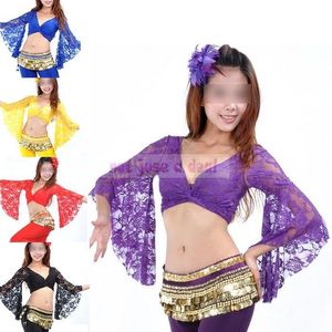 Wholesale belly pierced resale online - Fashion Belly Dancing Costume Lace Butterflies Sleeve Blouse Sexy Pierced Tops