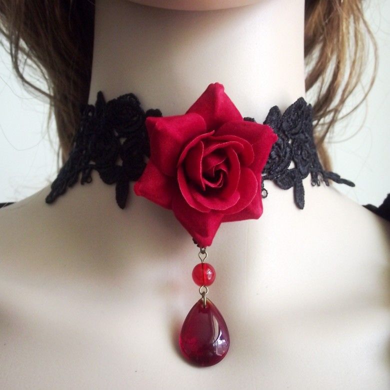 2018 gothic jewelry vintage rose necklace red black color flower