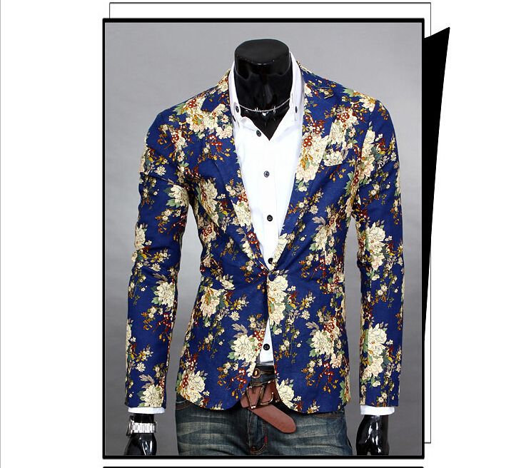 

2015 New Spring Men Fashion Suit Long Sleeve Slim Fit Casual Blazer Flower Pattern Male Suits Special Design Men's Casual Blazer, White