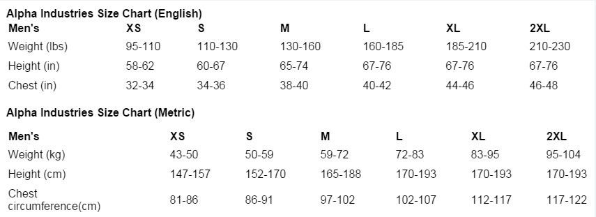 Alpha Industries Size Chart