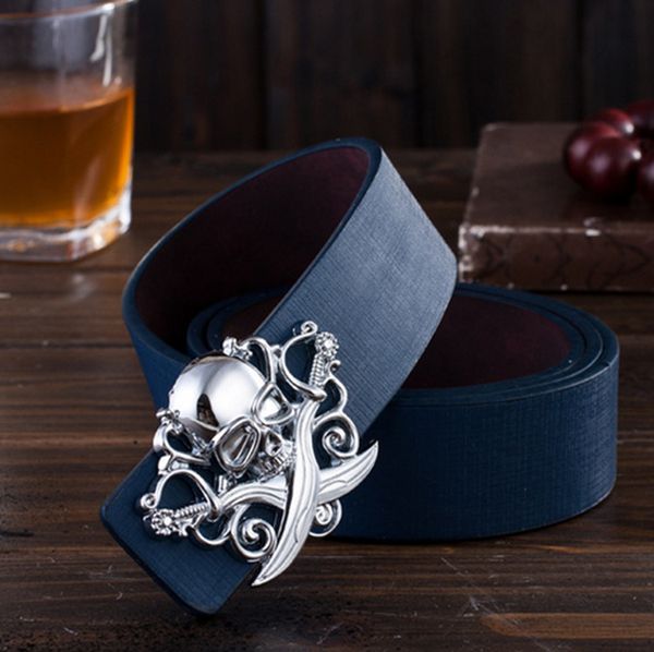 

wholesale-2015 fashion decorative belt male metal buckle belt men casual pirate skull buckle belt, Black;brown