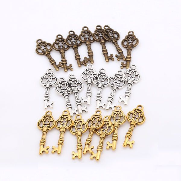 Wholesale-Key shaped Charm Three Color Vintage Metal Zinc Alloy Fine Trendy Keys Pendant Charms for Jewerly 80pcs/lot 9*26mm 6478