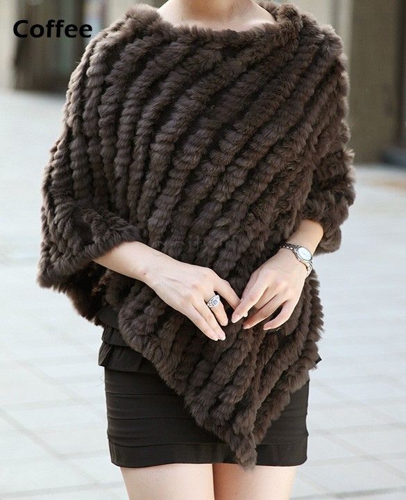 

Wholesale-Hot Sale Winter Coat Women , Ladies' Genuine Real Knitted Rabbit Fur Coat Female Fur Pashmina Shawls Poncho B6 CB030406, Brown