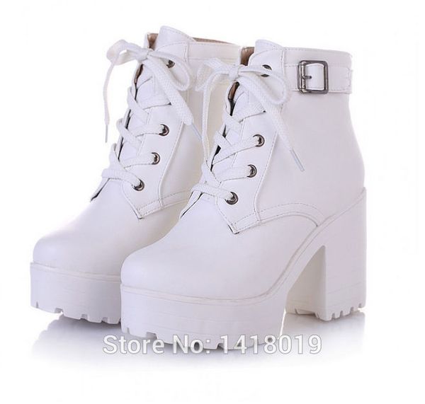

wholesale-new womens punk chunky heel platform lace up buckle strap ankle boot shoes black white beige big yard