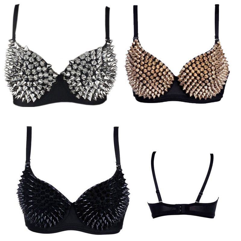 

Wholesale-GaGa Womens Sexy Gold Silver Tone Metallic Gathers Steam Punk Spike Studs Rivet Push Up Bra Stage Show