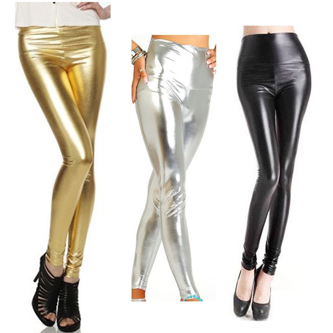 Taglie forti Pantaloni leggings elasticizzati metallizzati in ecopelle effetto liquido lucido a vita alta XS/S/M/L/XL