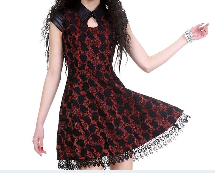 Gothic dress punk Retro black red patchwork lace dress vintage leather collar dress 2015 spring summer autumn vestidos