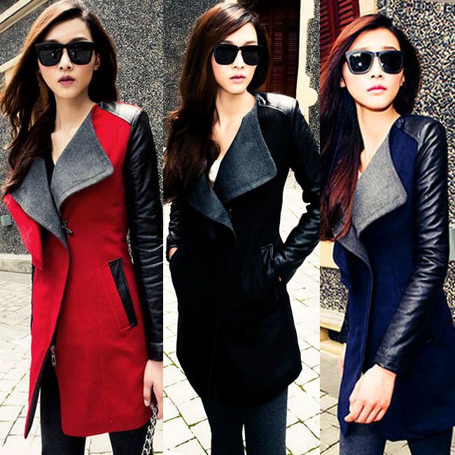 

Wholesale-New 2015 Fashion Womens Long Warm Wool Jacket PU Leather Zipper Long Sleeve Jacket Coat Outwear Trench Windbreaker Free Shipping, Black