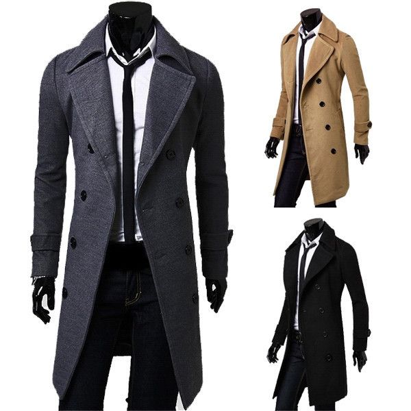 2020 Fashion Men Winter Trench Coat Double Breasted Overcoat Black