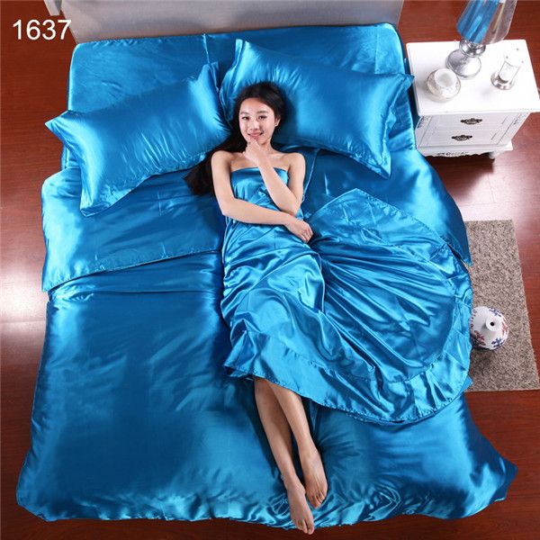 Venta Al Por Mayor Wholesale Sábanas De Seda China Colchas De Seda De La Ropa De Cama De Algodón De Cama 4 Unids De Seda Azul De Seda Conjuntos