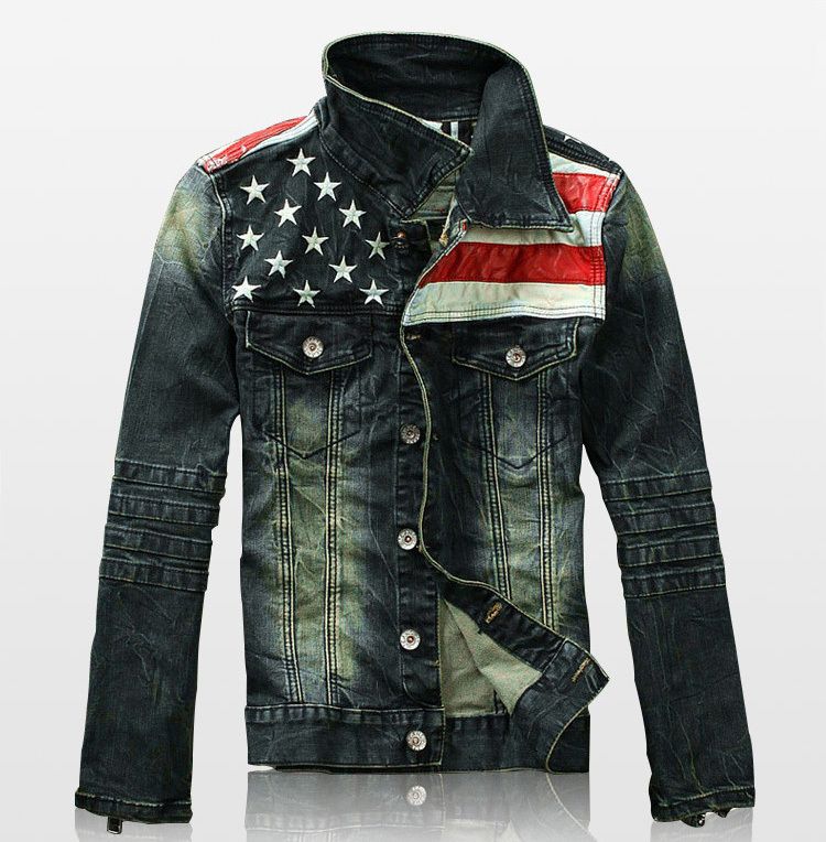 

Wholesale-2016 New Mens American Flag Suit Jeans Jacket PU Leather Patchwork Vintage Washed Distressed Antique Denim Jacket For Men AY108, As picture