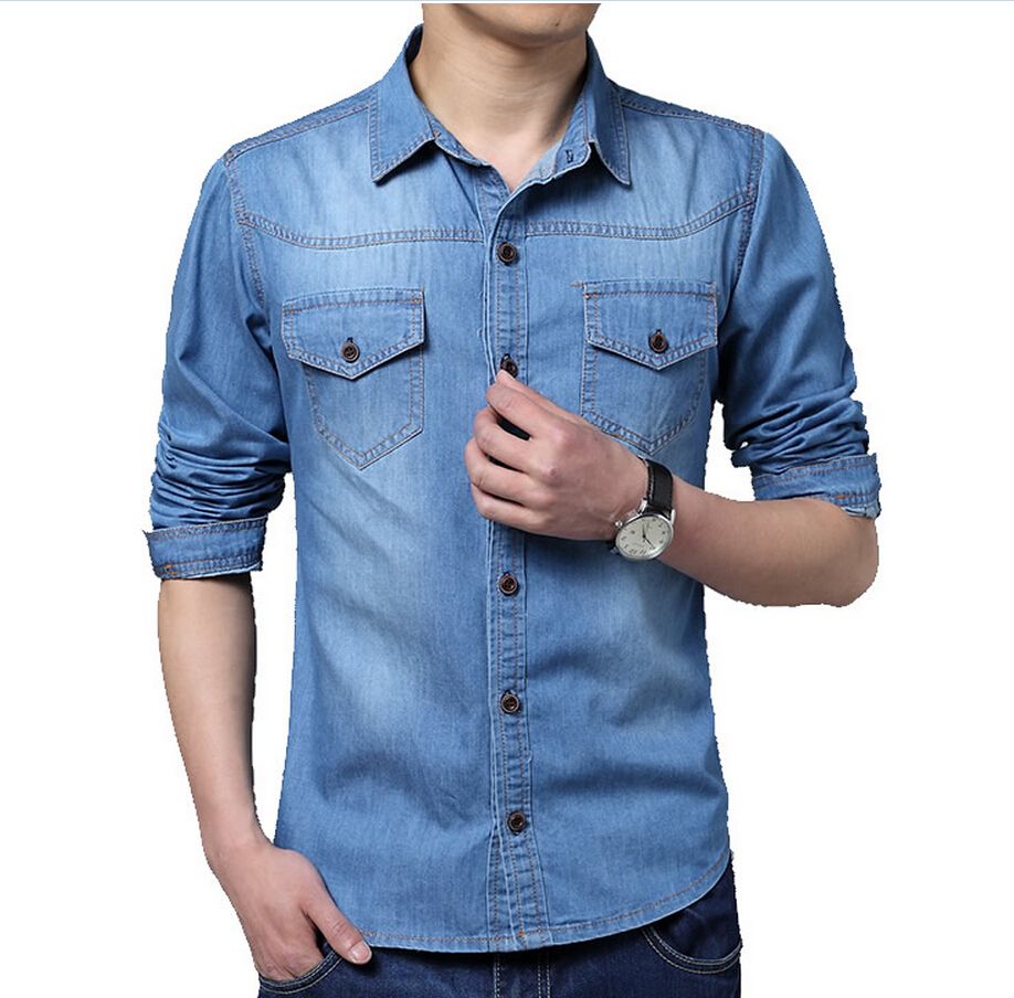 

Wholesale-2015 Hot new high quality men's classic casual washed denim shirt/mens dress shirts  L XL XXL 3XL 4XL 5XL Free Shipping, Dark blue
